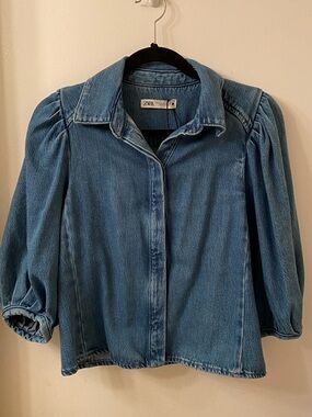 Zara Blue Puff-Sleeve Denim Blouse